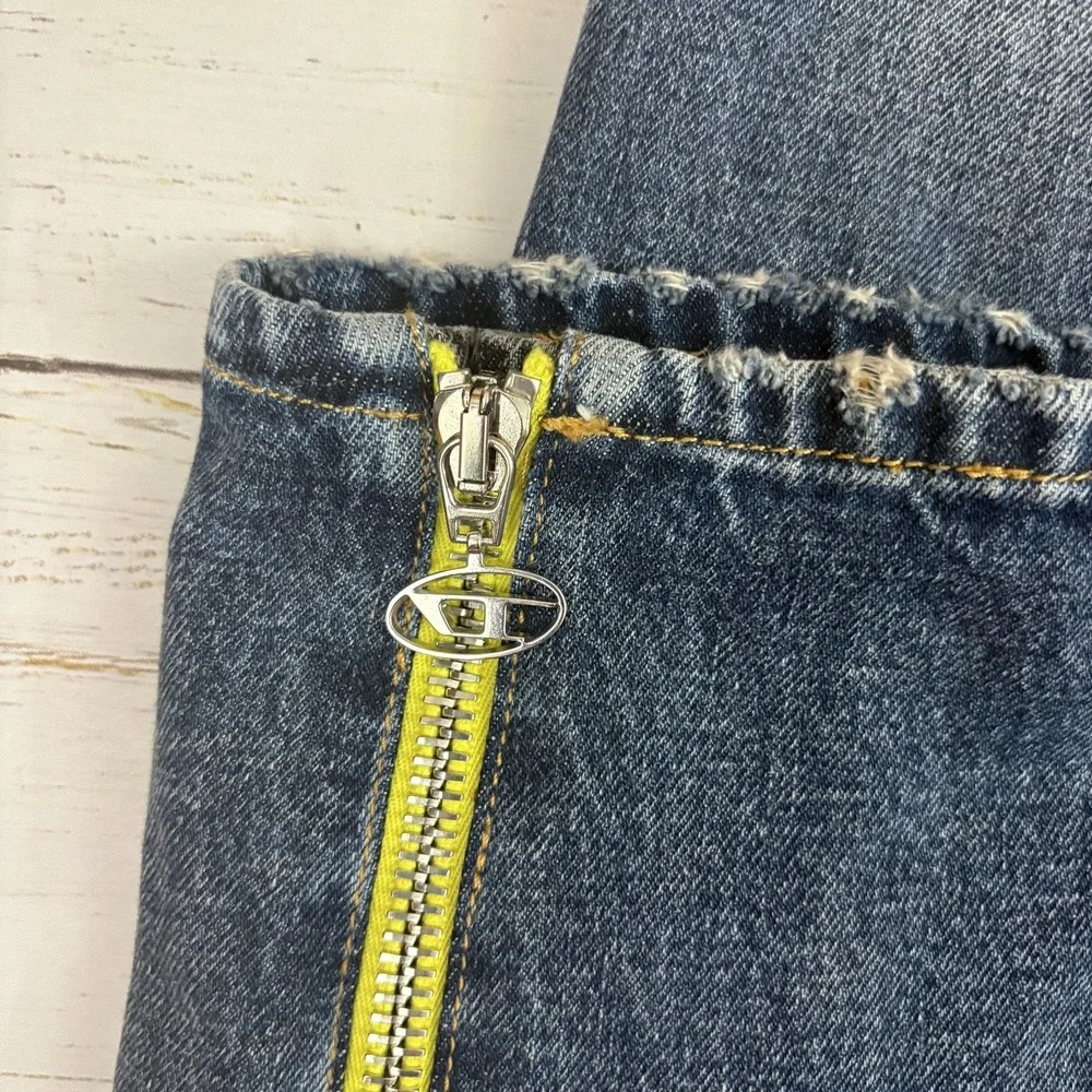 Diesel D-Rise-Zip-S Flare Jeans Mens 29x31 Blue Denim Neon Yellow Side Zips